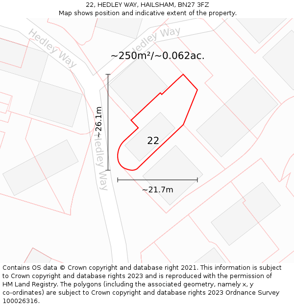 22, HEDLEY WAY, HAILSHAM, BN27 3FZ: Plot and title map