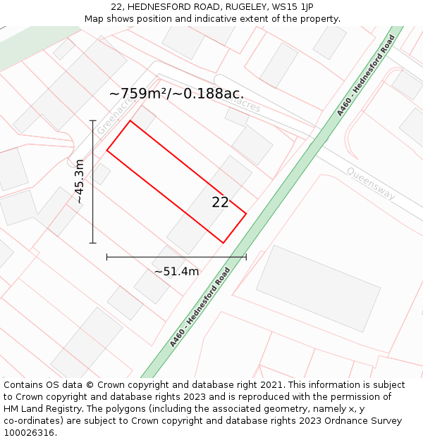 22, HEDNESFORD ROAD, RUGELEY, WS15 1JP: Plot and title map