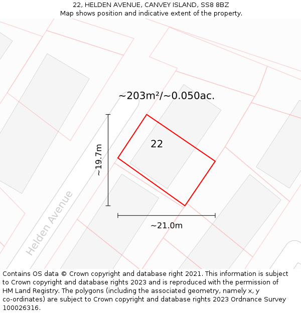 22, HELDEN AVENUE, CANVEY ISLAND, SS8 8BZ: Plot and title map
