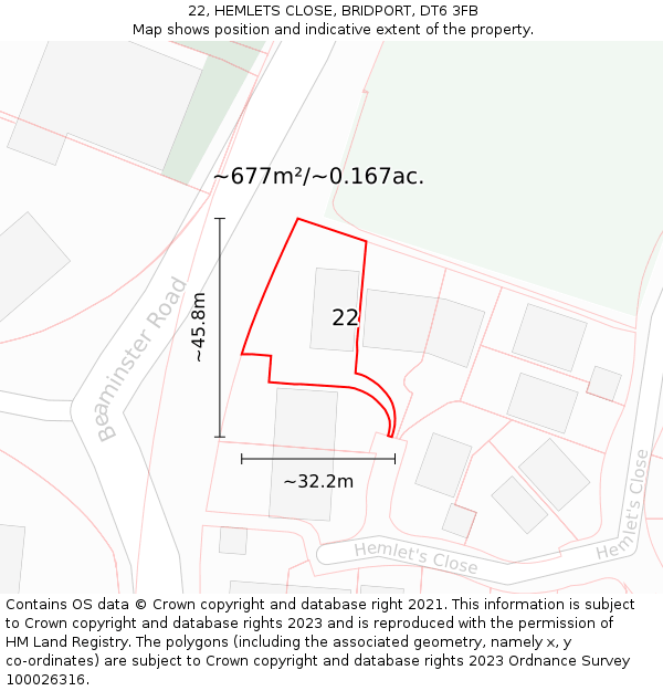 22, HEMLETS CLOSE, BRIDPORT, DT6 3FB: Plot and title map