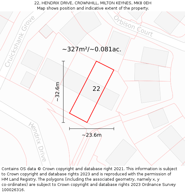 22, HENDRIX DRIVE, CROWNHILL, MILTON KEYNES, MK8 0EH: Plot and title map