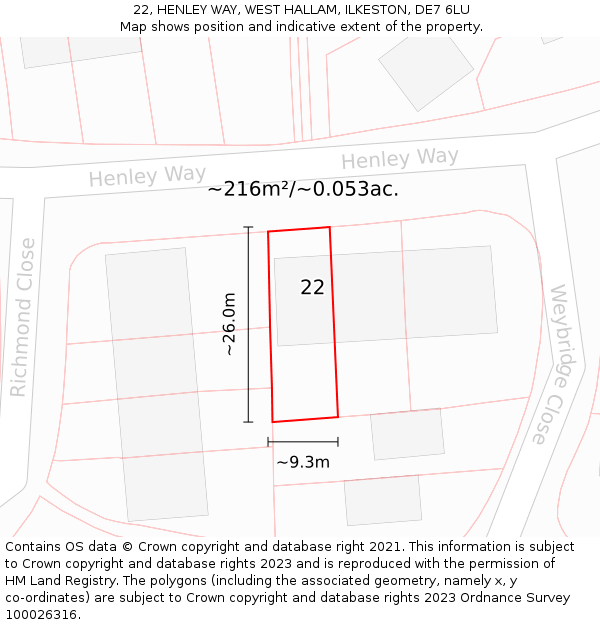 22, HENLEY WAY, WEST HALLAM, ILKESTON, DE7 6LU: Plot and title map