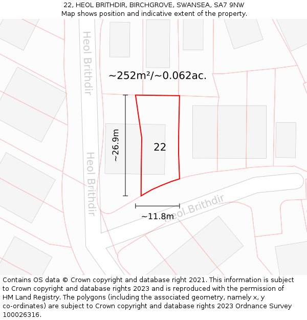 22, HEOL BRITHDIR, BIRCHGROVE, SWANSEA, SA7 9NW: Plot and title map