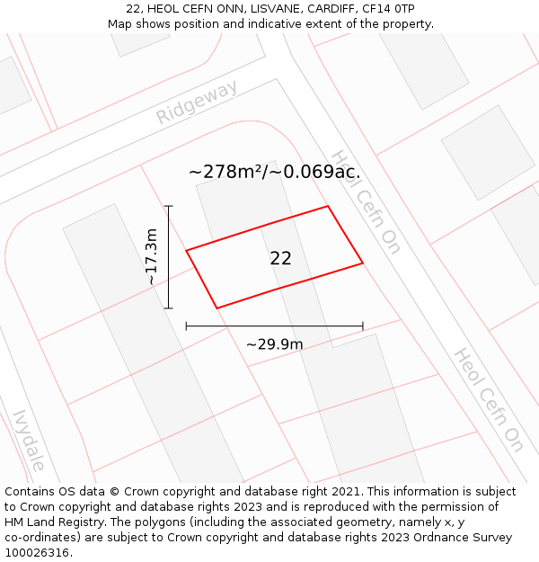 22, HEOL CEFN ONN, LISVANE, CARDIFF, CF14 0TP: Plot and title map