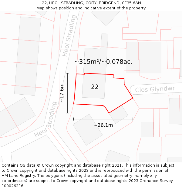 22, HEOL STRADLING, COITY, BRIDGEND, CF35 6AN: Plot and title map