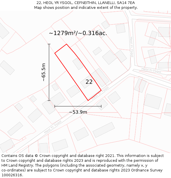 22, HEOL YR YSGOL, CEFNEITHIN, LLANELLI, SA14 7EA: Plot and title map