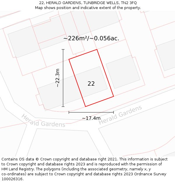 22, HERALD GARDENS, TUNBRIDGE WELLS, TN2 3FQ: Plot and title map