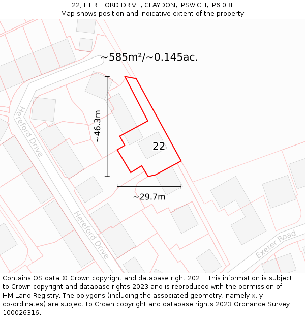 22, HEREFORD DRIVE, CLAYDON, IPSWICH, IP6 0BF: Plot and title map