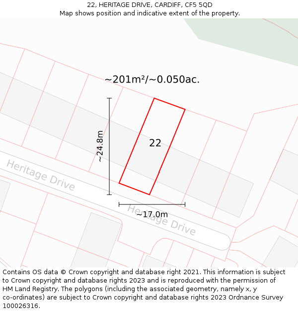 22, HERITAGE DRIVE, CARDIFF, CF5 5QD: Plot and title map