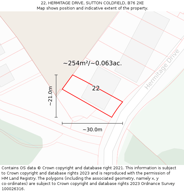 22, HERMITAGE DRIVE, SUTTON COLDFIELD, B76 2XE: Plot and title map