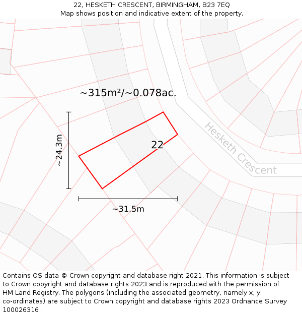 22, HESKETH CRESCENT, BIRMINGHAM, B23 7EQ: Plot and title map