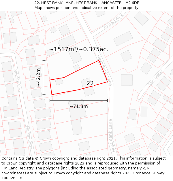 22, HEST BANK LANE, HEST BANK, LANCASTER, LA2 6DB: Plot and title map