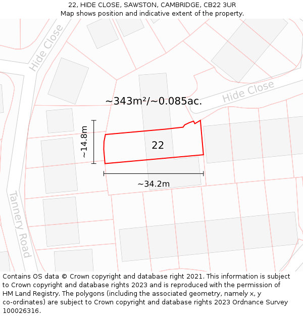 22, HIDE CLOSE, SAWSTON, CAMBRIDGE, CB22 3UR: Plot and title map