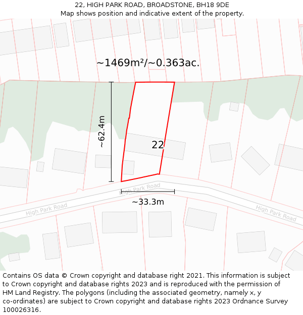 22, HIGH PARK ROAD, BROADSTONE, BH18 9DE: Plot and title map