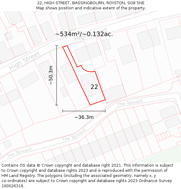 22, HIGH STREET, BASSINGBOURN, ROYSTON, SG8 5NE: Plot and title map