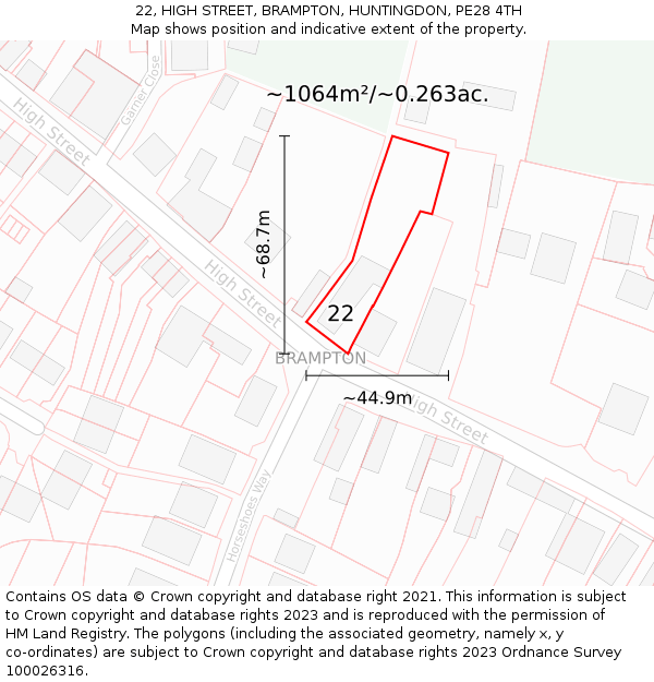 22, HIGH STREET, BRAMPTON, HUNTINGDON, PE28 4TH: Plot and title map