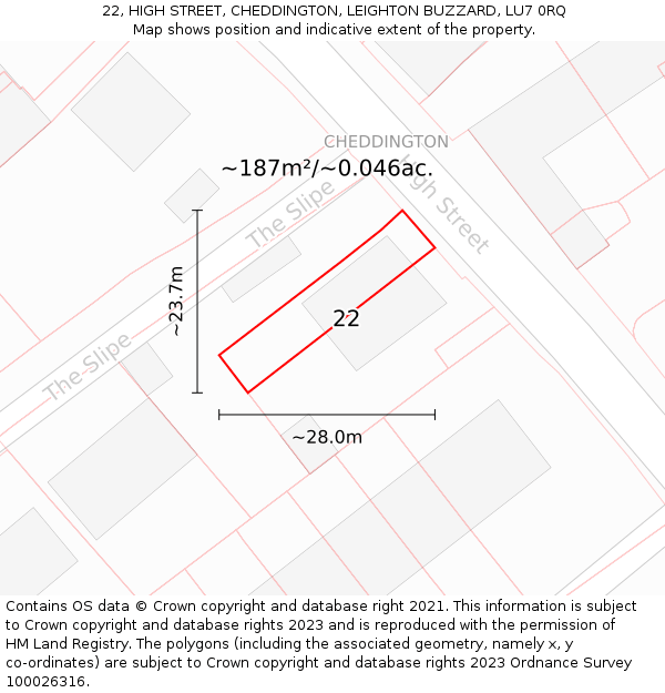 22, HIGH STREET, CHEDDINGTON, LEIGHTON BUZZARD, LU7 0RQ: Plot and title map