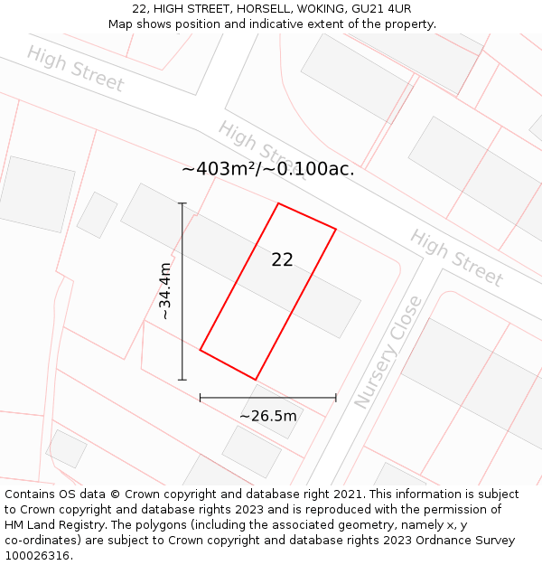 22, HIGH STREET, HORSELL, WOKING, GU21 4UR: Plot and title map