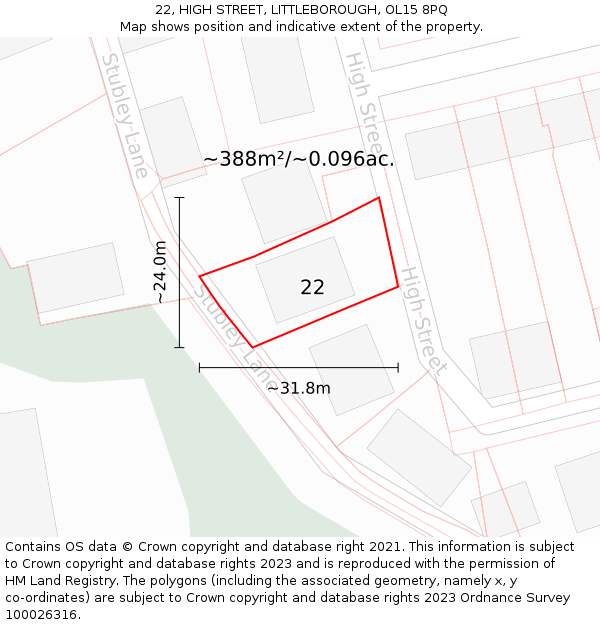 22, HIGH STREET, LITTLEBOROUGH, OL15 8PQ: Plot and title map