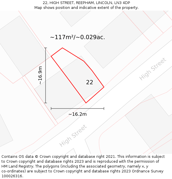 22, HIGH STREET, REEPHAM, LINCOLN, LN3 4DP: Plot and title map