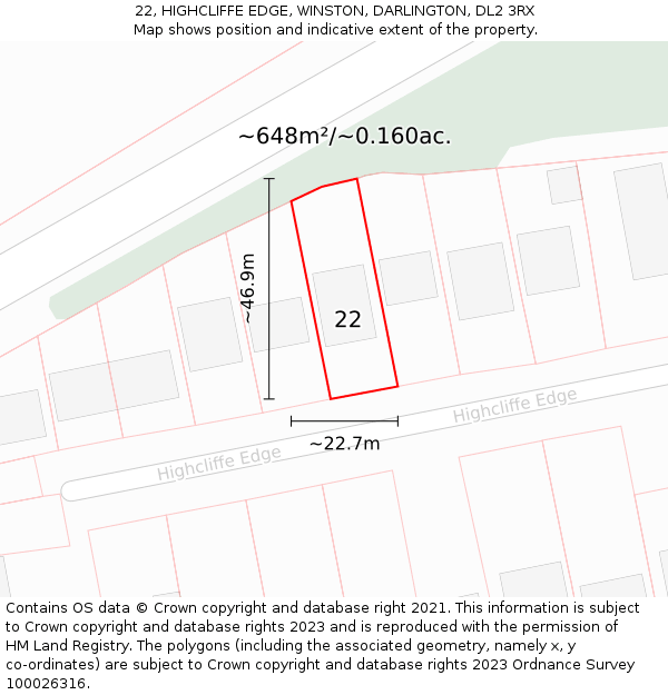 22, HIGHCLIFFE EDGE, WINSTON, DARLINGTON, DL2 3RX: Plot and title map
