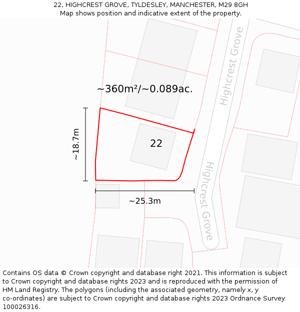 22, HIGHCREST GROVE, TYLDESLEY, MANCHESTER, M29 8GH: Plot and title map