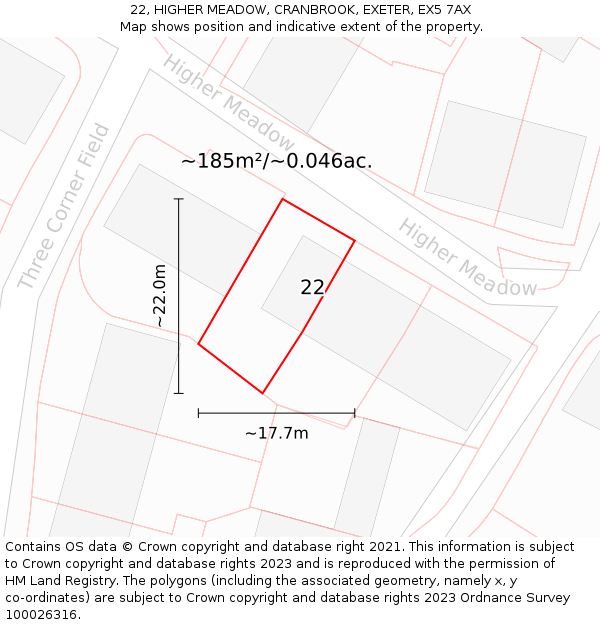 22, HIGHER MEADOW, CRANBROOK, EXETER, EX5 7AX: Plot and title map