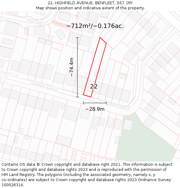 22, HIGHFIELD AVENUE, BENFLEET, SS7 1RY: Plot and title map
