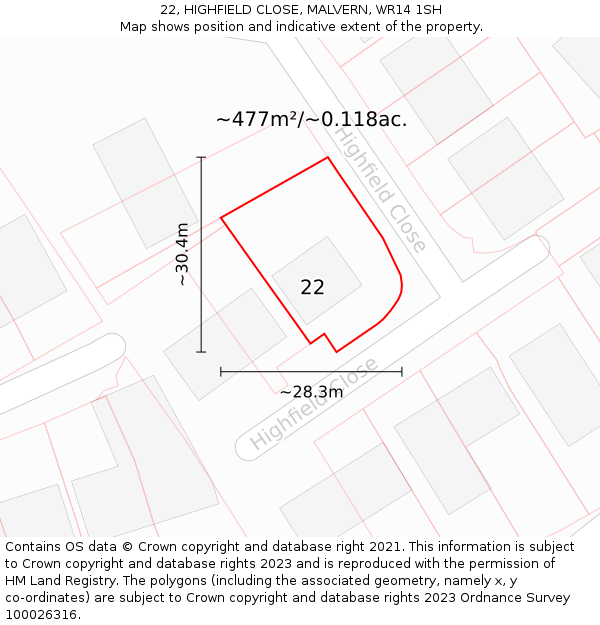 22, HIGHFIELD CLOSE, MALVERN, WR14 1SH: Plot and title map
