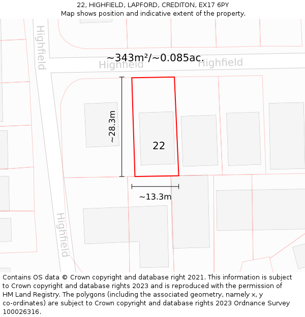 22, HIGHFIELD, LAPFORD, CREDITON, EX17 6PY: Plot and title map