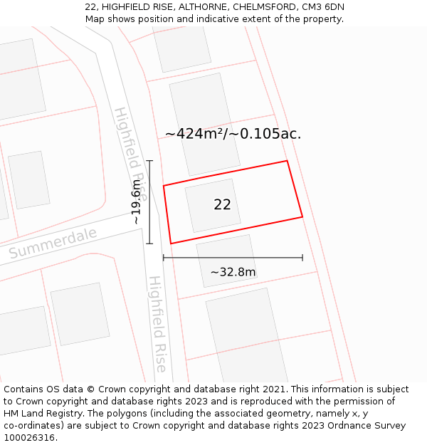 22, HIGHFIELD RISE, ALTHORNE, CHELMSFORD, CM3 6DN: Plot and title map