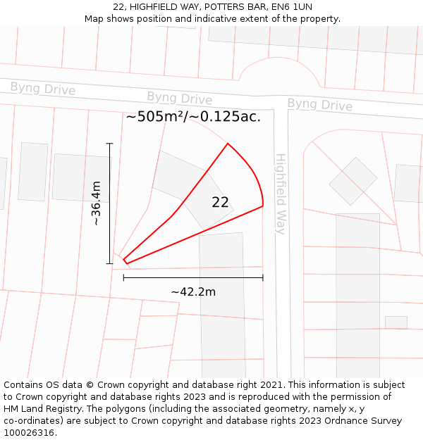 22, HIGHFIELD WAY, POTTERS BAR, EN6 1UN: Plot and title map