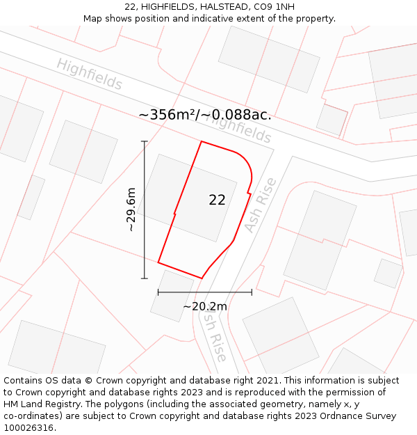 22, HIGHFIELDS, HALSTEAD, CO9 1NH: Plot and title map