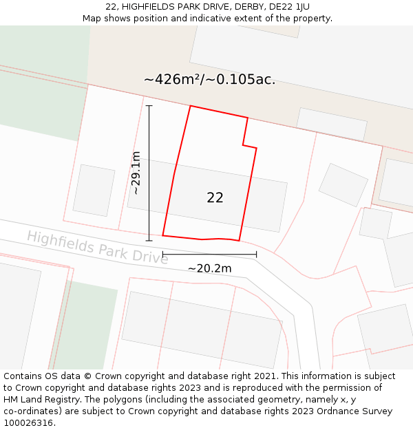22, HIGHFIELDS PARK DRIVE, DERBY, DE22 1JU: Plot and title map