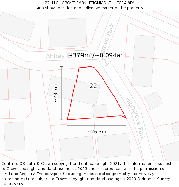 22, HIGHGROVE PARK, TEIGNMOUTH, TQ14 8FA: Plot and title map