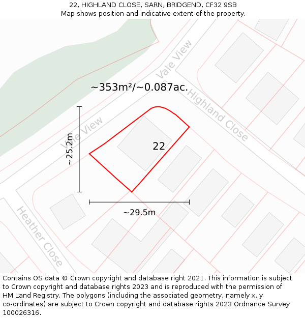 22, HIGHLAND CLOSE, SARN, BRIDGEND, CF32 9SB: Plot and title map