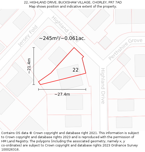 22, HIGHLAND DRIVE, BUCKSHAW VILLAGE, CHORLEY, PR7 7AD: Plot and title map