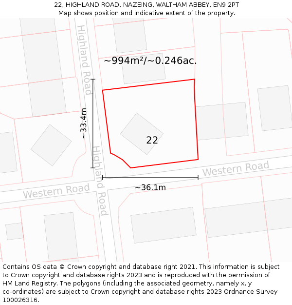 22, HIGHLAND ROAD, NAZEING, WALTHAM ABBEY, EN9 2PT: Plot and title map