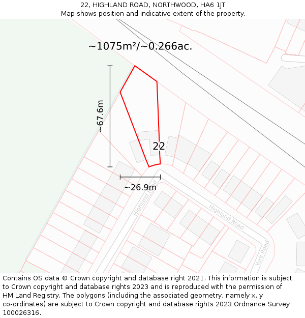 22, HIGHLAND ROAD, NORTHWOOD, HA6 1JT: Plot and title map