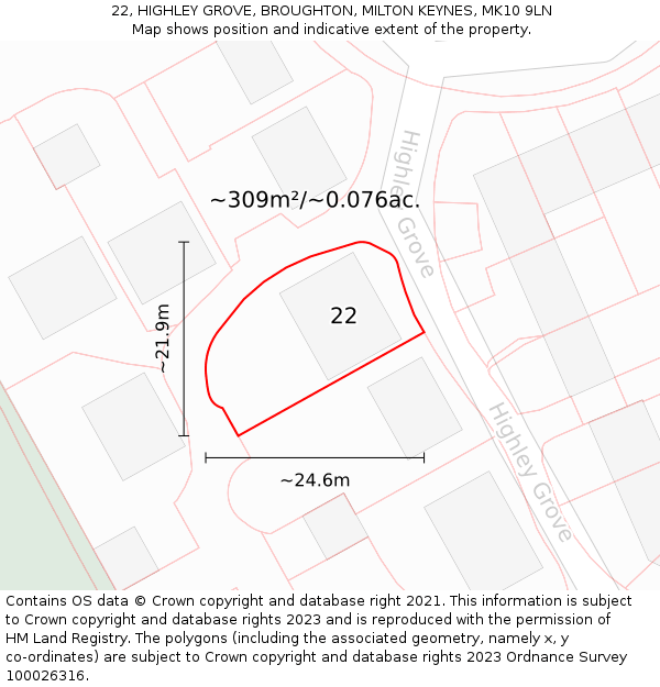 22, HIGHLEY GROVE, BROUGHTON, MILTON KEYNES, MK10 9LN: Plot and title map