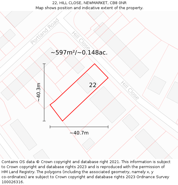 22, HILL CLOSE, NEWMARKET, CB8 0NR: Plot and title map