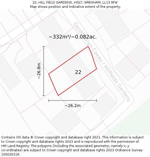 22, HILL FIELD GARDENS, HOLT, WREXHAM, LL13 9FW: Plot and title map
