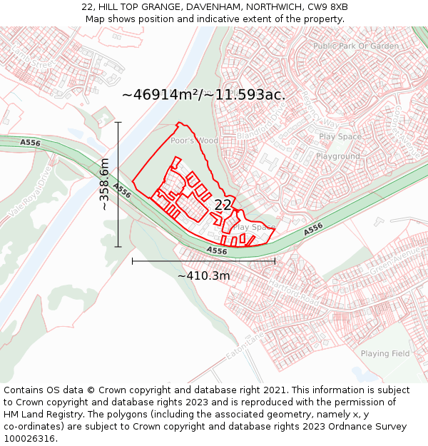 22, HILL TOP GRANGE, DAVENHAM, NORTHWICH, CW9 8XB: Plot and title map