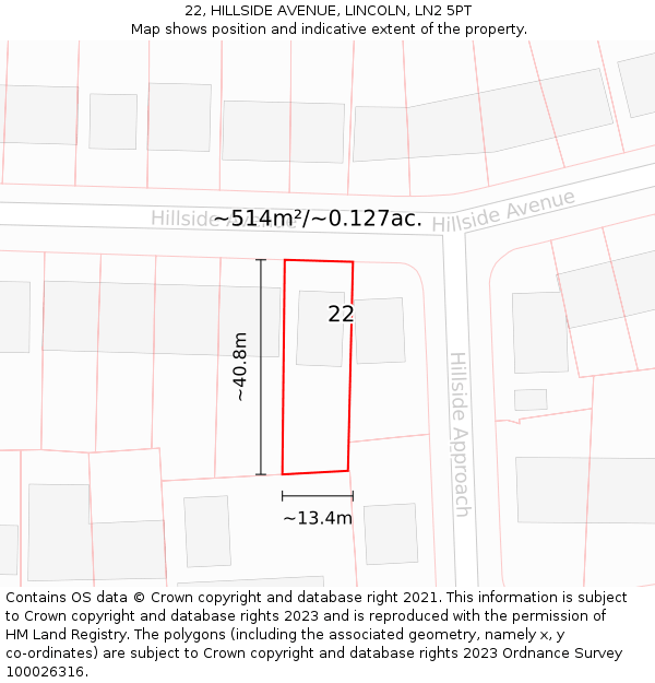 22, HILLSIDE AVENUE, LINCOLN, LN2 5PT: Plot and title map