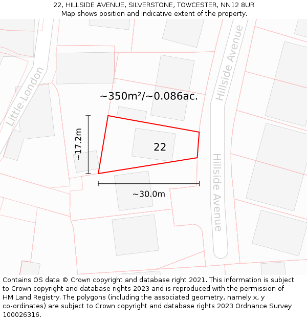 22, HILLSIDE AVENUE, SILVERSTONE, TOWCESTER, NN12 8UR: Plot and title map