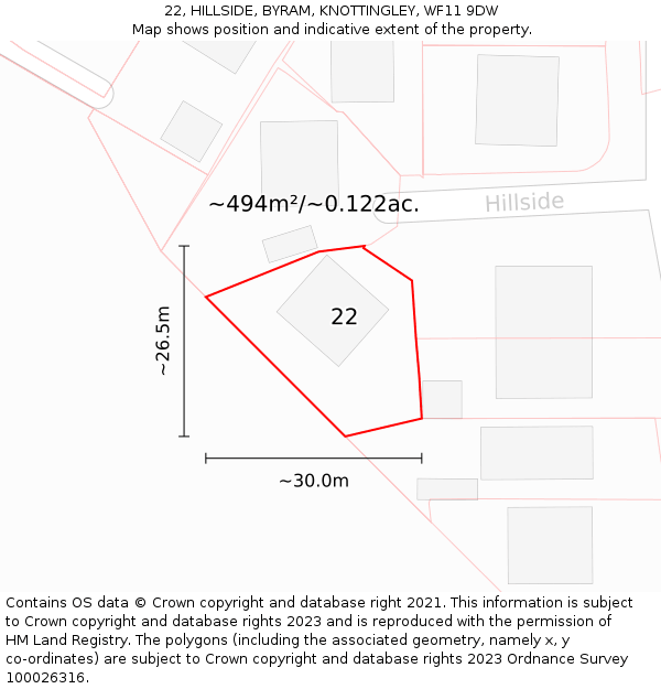 22, HILLSIDE, BYRAM, KNOTTINGLEY, WF11 9DW: Plot and title map