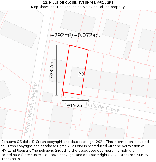 22, HILLSIDE CLOSE, EVESHAM, WR11 2PB: Plot and title map