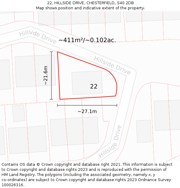 22, HILLSIDE DRIVE, CHESTERFIELD, S40 2DB: Plot and title map