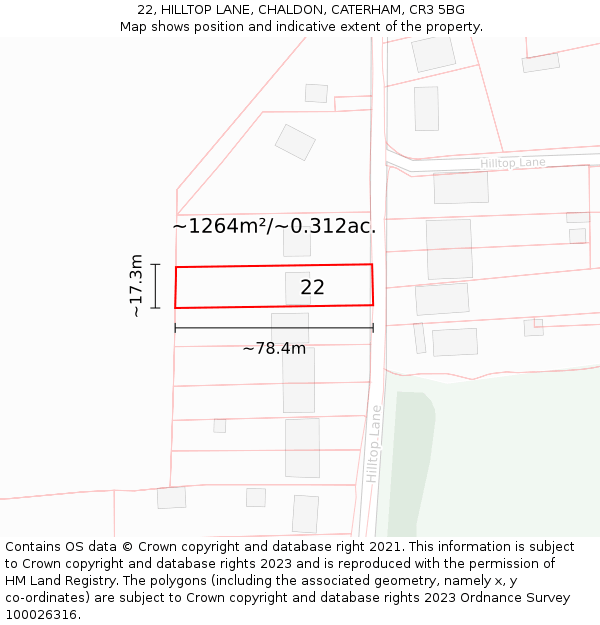 22, HILLTOP LANE, CHALDON, CATERHAM, CR3 5BG: Plot and title map