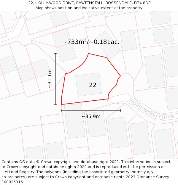 22, HOLLINWOOD DRIVE, RAWTENSTALL, ROSSENDALE, BB4 8DE: Plot and title map